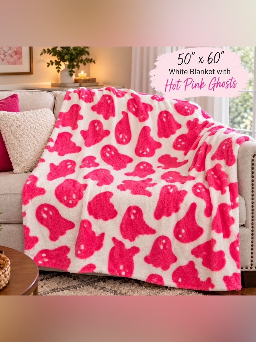 Hot Pink & White Ghost Halloween Throw Blanket 50x60